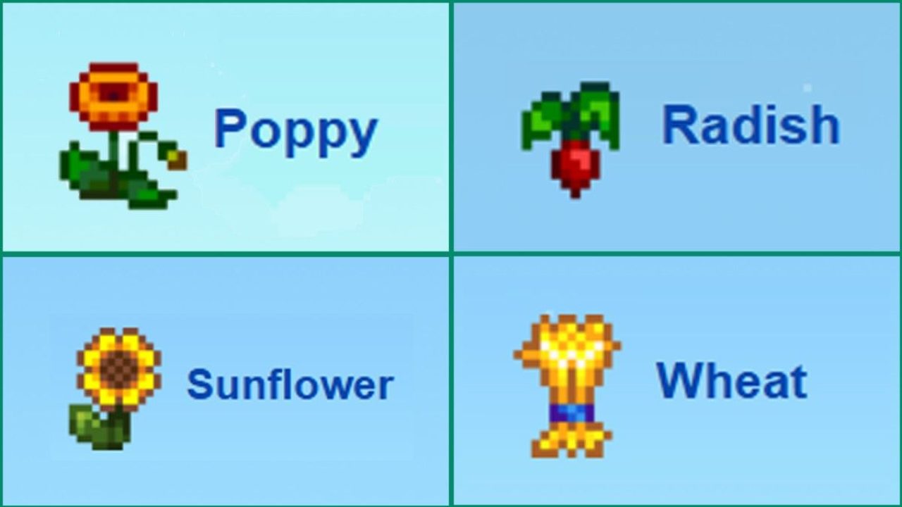 Poppy, Radish, Sunflower, and Wheat summer crop comparison showing lower profitability in Stardew Valley