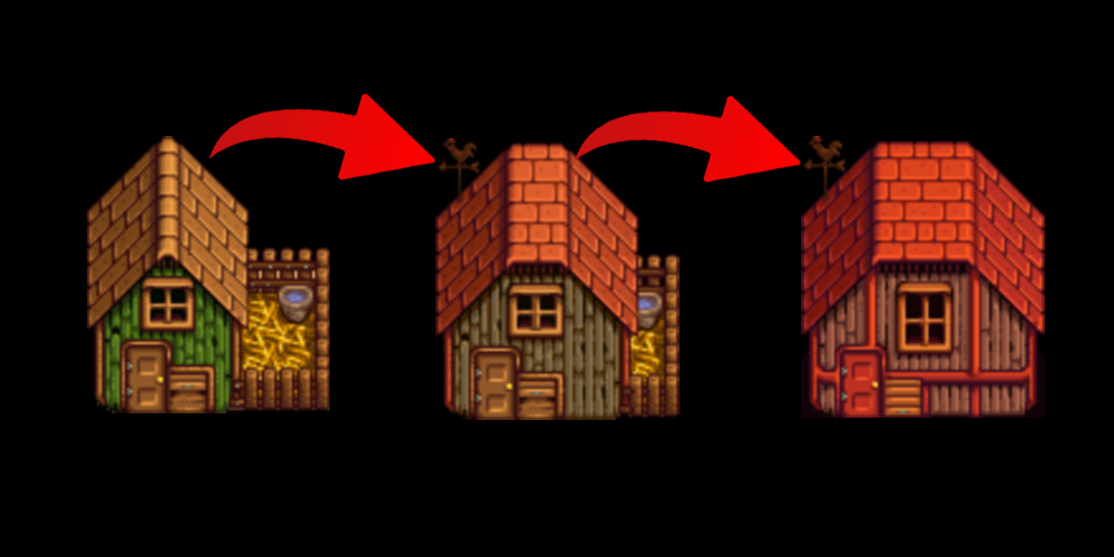 Visual progression of Coop to Big Coop to Deluxe Coop in Stardew Valley showing building upgrades required for ducks and rabbits.