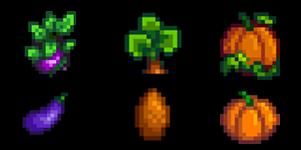 Fall crop icons in Stardew Valley including eggplant, pumpkin, yam, and other seasonal crops required for bundles and profit planning.