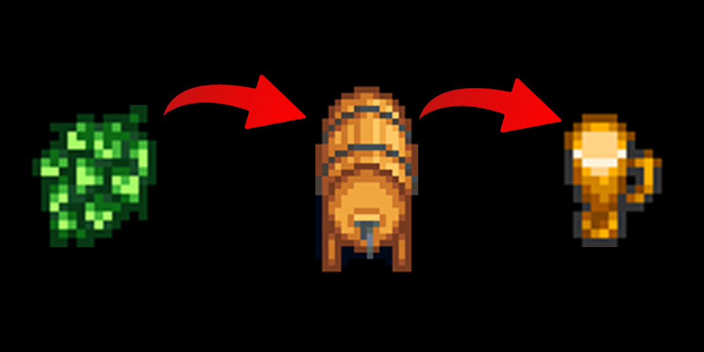 Visual breakdown showing hops placed into a keg and converted into pale ale in Stardew Valley.