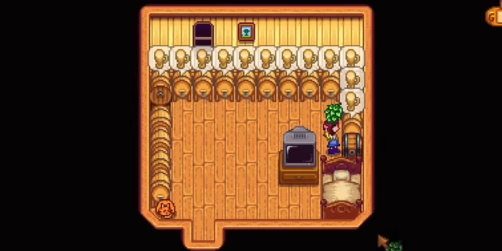 Interior of farmhouse packed with kegs producing pale ale for maximum Summer profit in Stardew Valley.