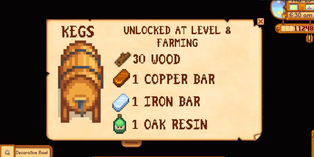 Stardew Valley Keg Recipe Unlock at Farming Level 8