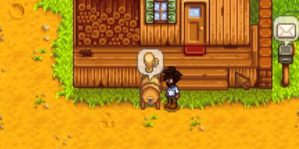 Player placing a keg outside the farmhouse in Stardew Valley to begin processing hops into pale ale.