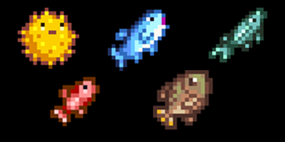 Summer seasonal fish in Stardew Valley including Pufferfish, Tuna, Red Snapper, Tilapia, and Sturgeon required for the Fish Tank bundle.